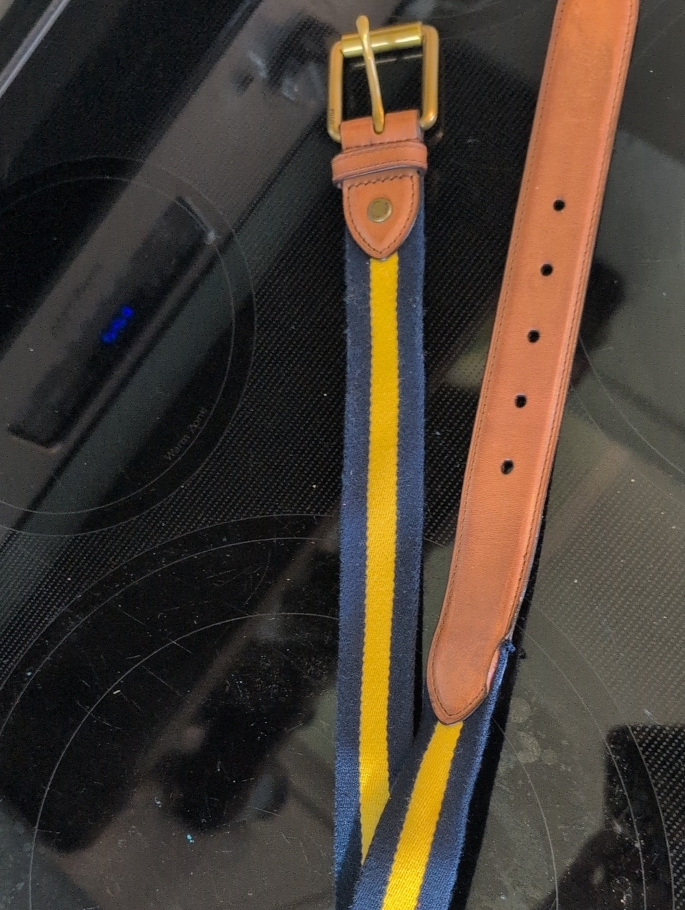Polo Leather-Trim Navy and Yellow Stripe Men’s Adjustable Strap Belt 40